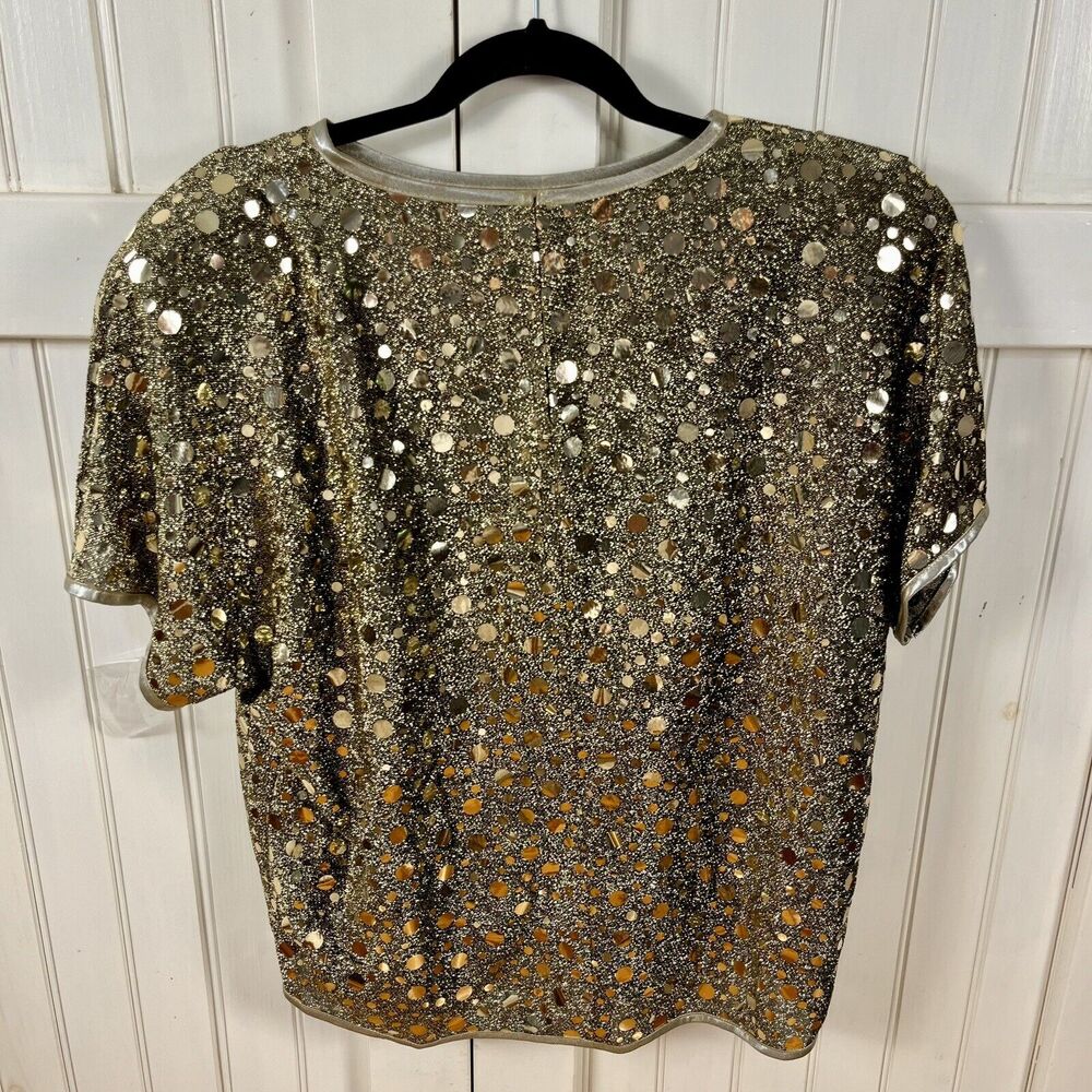 NOS Gold Sparkly Top Vtg Size 16 USA Glam Party Semi Sheer Caron Disco Rave New - Picture 9 of 17